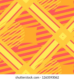 Seamless Pop Art Background. Abstract Color Texture with Lines and Geometric Figures for Chintz, Linen, Wallpaper. Retro Seamless Multicolor Background in Disco Style. Vector Texture.