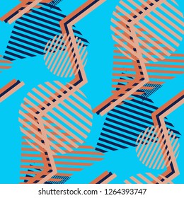 Seamless Pop Art Background. Abstract Colorful Texture with Lines and Geometric Figures for Wallpaper, Cotton, Textile. Trendy Seamless Multicolor Background in Disco Style. Vector Texture.