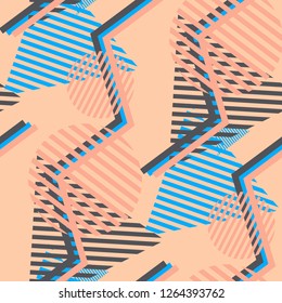 Seamless Pop Art Background. Abstract Color Texture with Lines and Geometric Figures for Wallpaper, Print, Cotton. Vintage Seamless Multicolor Background in Disco Style. Vector Texture.
