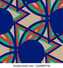 Seamless Pop Art Background. Abstract Colorful Texture with Lines and Geometric Figures for Wallpaper, Print, Cotton. Trendy Seamless Multicolor Background in Disco Style. Vector Texture.