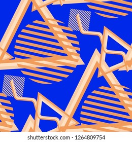 Seamless Pop Art Background. Abstract Color Texture with Lines and Geometric Figures for Print, Cloth, Fabric. Vintage Seamless Multicolor Background in Disco Style. Vector Texture.