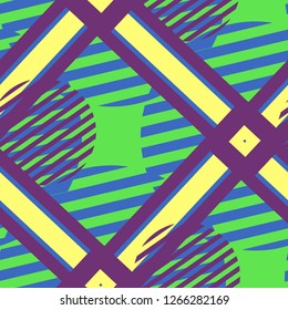 Seamless Pop Art Background. Abstract Colorful Texture with Lines and Geometric Figures for Dress, Paper, Tablecloth. Vintage Seamless Multicolor Background in Disco Style. Vector Texture.