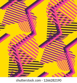 Seamless Pop Art Background. Abstract Color Texture with Lines and Geometric Figures for Cotton, Print, Calico. Trendy Seamless Multicolor Background in Disco Style. Vector Texture.