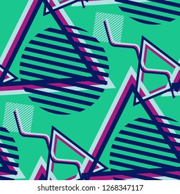 Seamless Pop Art Background. Abstract Color Texture with Lines and Geometric Figures for Dress, Paper, Tablecloth. Modern Seamless Multicolor Background in Disco Style. Vector Texture.