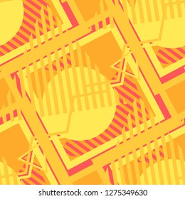 Seamless Pop Art Background. Abstract Color Texture with Lines and Geometric Figures for Print, Cloth, Textile. Vintage Seamless Multicolor Background in Disco Style. Vector Texture.