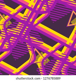 Seamless Pop Art Background. Abstract Colorful Texture with Lines and Geometric Figures for Wallpaper, Print, Textile. Retro Seamless Multicolor Background in Disco Style. Vector Texture.