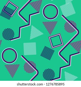 Seamless Pop Art Background. Abstract Colorful Texture with Lines and Geometric Figures for Wallpaper, Print, Textile. Retro Seamless Multicolor Background in Disco Style. Vector Texture.