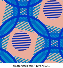 Seamless Pop Art Background. Abstract Color Texture with Lines and Geometric Figures for Chintz, Curtain, Paper. Trendy Seamless Multicolor Background in Disco Style. Vector Texture.