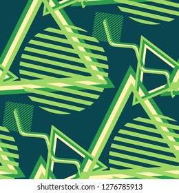 Seamless Pop Art Background. Abstract Color Texture with Lines and Geometric Figures for Cotton, Calico, Textile. Trendy Seamless Multicolor Background in Disco Style. Vector Texture.