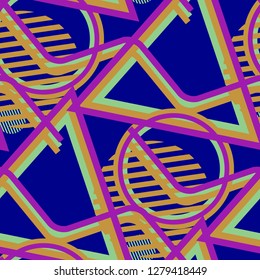 Seamless Pop Art Background. Abstract Colorful Texture with Lines and Geometric Figures for Calico, Print, Textile. Trendy Seamless Multicolor Background in Disco Style. Vector Texture.