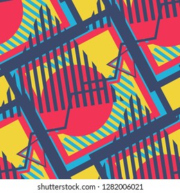 Seamless Pop Art Background. Abstract Colorful Texture with Lines and Geometric Figures for Print, Fabric, Cloth. Retro Seamless Multicolor Background in Disco Style. Vector Texture.