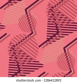 Seamless Pop Art Background. Abstract Colorful Texture with Lines and Geometric Figures for Cotton, Print, Textile. Trendy Seamless Multicolor Background in Disco Style. Vector Texture.
