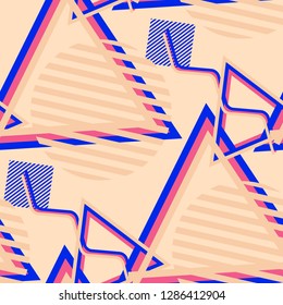 Seamless Pop Art Background. Abstract Colorful Texture with Lines and Geometric Figures for Linen, Paper, Tablecloth. Trendy Seamless Multicolor Background in Disco Style. Vector Texture.