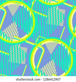 Seamless Pop Art Background. Abstract Colorful Texture with Lines and Geometric Figures for Print, Cloth, Fabric. Vintage Seamless Multicolor Background in Disco Style. Vector Texture.