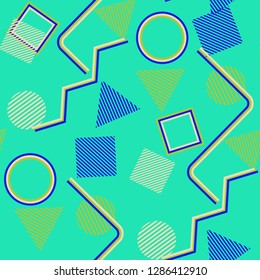 Seamless Pop Art Background. Abstract Colorful Texture with Lines and Geometric Figures for Wallpaper, Print, Cotton. Retro Seamless Multicolor Background in Disco Style. Vector Texture.