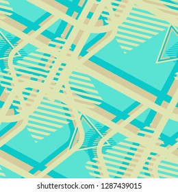 Seamless Pop Art Background. Abstract Colorful Texture with Lines and Geometric Figures for Print, Fabric, Textile.  Vintage Seamless Multicolor Background in Disco Style. Vector Texture.