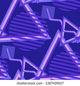 Seamless Pop Art Background. Abstract Colorful Texture with Lines and Geometric Figures for Cotton, Print, Calico. Vintage Seamless Multicolor Background in Disco Style. Vector Texture.