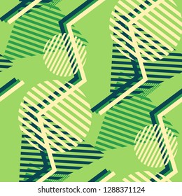 Seamless Pop Art Background. Abstract Colorful Texture with Lines and Geometric Figures for Wallpaper, Fabric, Textile. Vintage Seamless Multicolor Background in Disco Style. Vector Texture.