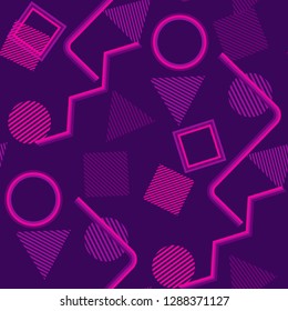 Seamless Pop Art Background. Abstract Color Texture with Lines and Geometric Figures for Dress, Curtain, Tablecloth. Retro Seamless Multicolor Background in Disco Style. Vector Texture.