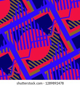 Seamless Pop Art Background. Abstract Colorful Texture with Lines and Geometric Figures for Calico, Print, Textile. Modern Seamless Multicolor Background in Disco Style. Vector Texture.