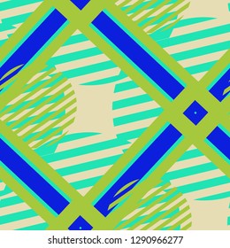 Seamless Pop Art Background. Abstract Color Texture with Lines and Geometric Figures for Wallpaper, Cotton, Textile. Retro Seamless Multicolor Background in Disco Style. Vector Texture.