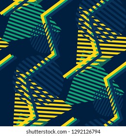 Seamless Pop Art Background. Abstract Color Texture with Lines and Geometric Figures for Print, Fabric, Textile.  Modern Seamless Multicolor Background in Disco Style. Vector Texture.