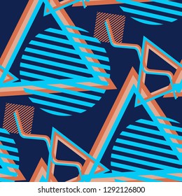 Seamless Pop Art Background. Abstract Colorful Texture with Lines and Geometric Figures for Fabric, Cloth, Textile. Vintage Seamless Multicolor Background in Disco Style. Vector Texture.