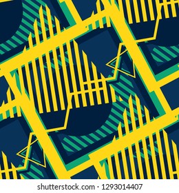Seamless Pop Art Background. Abstract Colorful Texture with Lines and Geometric Figures for Wallpaper, Cotton, Textile. Vintage Seamless Multicolor Background in Disco Style. Vector Texture.