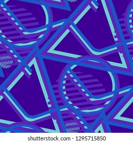 Seamless Pop Art Background. Abstract Colorful Texture with Lines and Geometric Figures for Fabric, Cloth, Textile. Vintage Seamless Multicolor Background in Disco Style. Vector Texture.