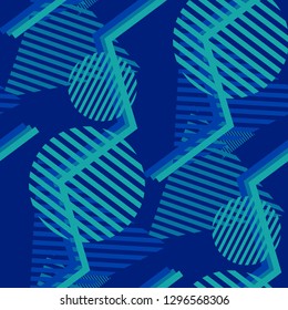 Seamless Pop Art Background. Abstract Colorful Texture with Lines and Geometric Figures for Wallpaper, Print, Cotton. Trendy Seamless Multicolor Background in Disco Style. Vector Texture.