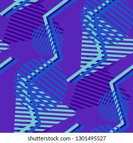 Seamless Pop Art Background. Abstract Color Texture with Lines and Geometric Figures for Fabric, Cloth, Textile. Modern Seamless Multicolor Background in Disco Style. Vector Texture.