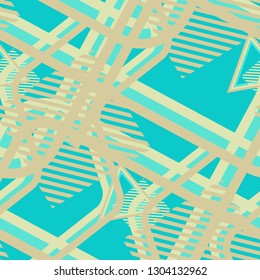 Seamless Pop Art Background. Abstract Colorful Texture with Lines and Geometric Figures for Dress, Curtain, Tablecloth. Trendy Seamless Multicolor Background in Disco Style. Vector Texture.