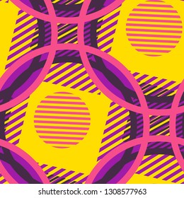 Seamless Pop Art Background. Abstract Color Texture with Lines and Geometric Figures for Chintz, Curtain, Paper. Modern Seamless Multicolor Background in Disco Style. Vector Texture.