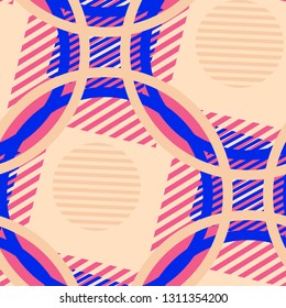 Seamless Pop Art Background. Abstract Colorful Texture with Lines and Geometric Figures for Linen, Paper, Tablecloth. Trendy Seamless Multicolor Background in Disco Style. Vector Texture.