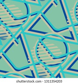 Seamless Pop Art Background. Abstract Color Texture with Lines and Geometric Figures for Calico, Print, Textile. Vintage Seamless Multicolor Background in Disco Style. Vector Texture.