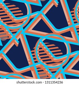 Seamless Pop Art Background. Abstract Colorful Texture with Lines and Geometric Figures for Wallpaper, Print, Textile. Retro Seamless Multicolor Background in Disco Style. Vector Texture.