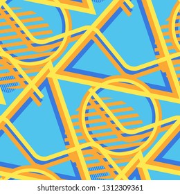 Seamless Pop Art Background. Abstract Colorful Texture with Lines and Geometric Figures for Wallpaper, Fabric, Textile. Modern Seamless Multicolor Background in Disco Style. Vector Texture.