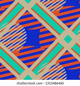 Seamless Pop Art Background. Abstract Colorful Texture with Lines and Geometric Figures for Print, Cloth, Textile. Modern Seamless Multicolor Background in Disco Style. Vector Texture.