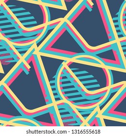 Seamless Pop Art Background. Abstract Color Texture with Lines and Geometric Figures for Wallpaper, Fabric, Textile. Trendy Seamless Multicolor Background in Disco Style. Vector Texture.