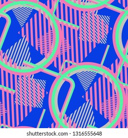 Seamless Pop Art Background. Abstract Color Texture with Lines and Geometric Figures for Linen, Paper, Tablecloth. Retro Seamless Multicolor Background in Disco Style. Vector Texture.