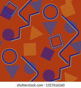 Seamless Pop Art Background. Abstract Colorful Texture with Lines and Geometric Figures for Calico, Print, Textile. Retro Seamless Multicolor Background in Disco Style. Vector Texture.