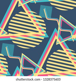 Seamless Pop Art Background. Abstract Color Texture with Lines and Geometric Figures for Dress, Paper, Tablecloth. Vintage Seamless Multicolor Background in Disco Style. Vector Texture.