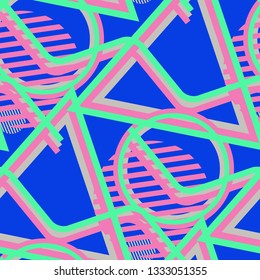 Seamless Pop Art Background. Abstract Colorful Texture with Lines and Geometric Figures for Dress, Paper, Tablecloth. Retro Seamless Multicolor Background in Disco Style. Vector Texture.