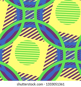 Seamless Pop Art Background. Abstract Color Texture with Lines and Geometric Figures for Cotton, Print, Calico. Modern Seamless Multicolor Background in Disco Style. Vector Texture.