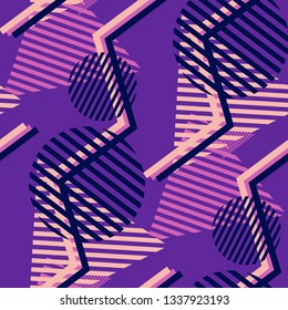 Seamless Pop Art Background. Abstract Color Texture with Lines and Geometric Figures for Dress, Curtain, Paper. Retro Seamless Multicolor Background in Disco Style. Vector Texture.