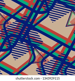 Seamless Pop Art Background. Abstract Colorful Texture with Lines and Geometric Figures for Cotton, Print, Calico. Retro Seamless Multicolor Background in Disco Style. Vector Texture.