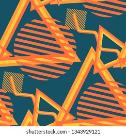Seamless Pop Art Background. Abstract Color Texture with Lines and Geometric Figures for Wallpaper, Cotton, Textile. Trendy Seamless Multicolor Background in Disco Style. Vector Texture.
