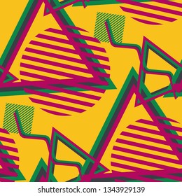 Seamless Pop Art Background. Abstract Colorful Texture with Lines and Geometric Figures for Print, Fabric, Cloth. Trendy Seamless Multicolor Background in Disco Style. Vector Texture.