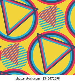 Seamless Pop Art Background. Abstract Color Texture with Lines and Geometric Figures for Dress, Paper, Tablecloth. Trendy Seamless Multicolor Background in Disco Style. Vector Texture.