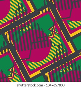 Seamless Pop Art Background. Abstract Colorful Texture with Lines and Geometric Figures for Print, Fabric, Textile. Vintage Seamless Multicolor Background in Disco Style. Vector Texture.
